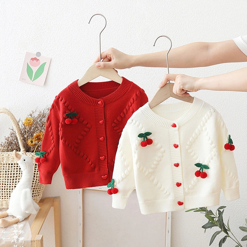 Cute Cherry Girls Knitted Sweater Cardigan Jacket