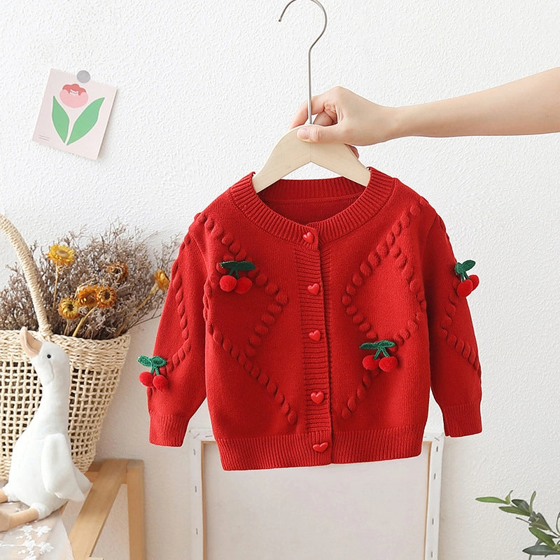 Cute Cherry Girls Knitted Sweater Cardigan Jacket