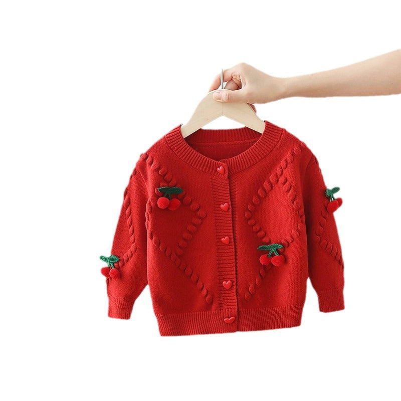 Cute Cherry Girls Knitted Sweater Cardigan Jacket