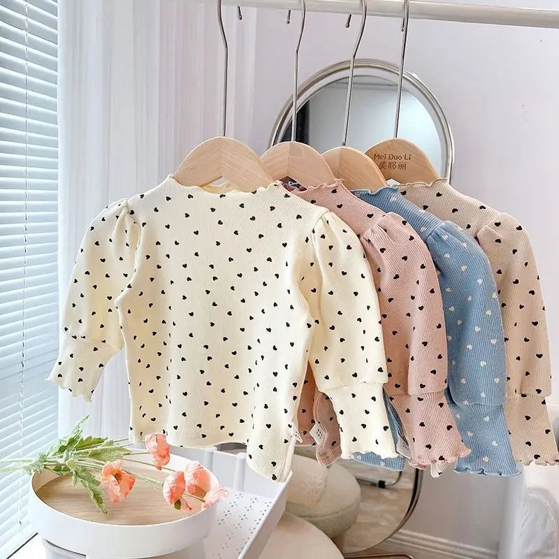 Girls Heart Pattern Puff Sleeve T-shirt