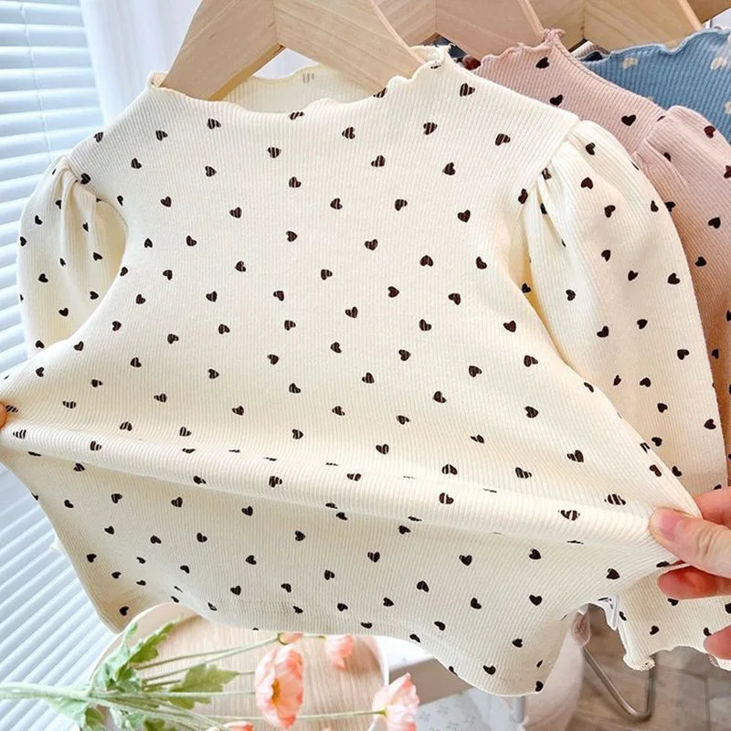 Girls Heart Pattern Puff Sleeve T-shirt