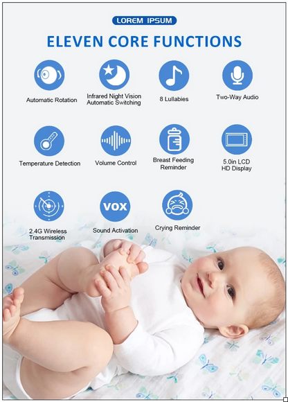 5 Inch Baby Video Monitor with Two-way Audio & Temperature Display & Baby Cry detect accessories