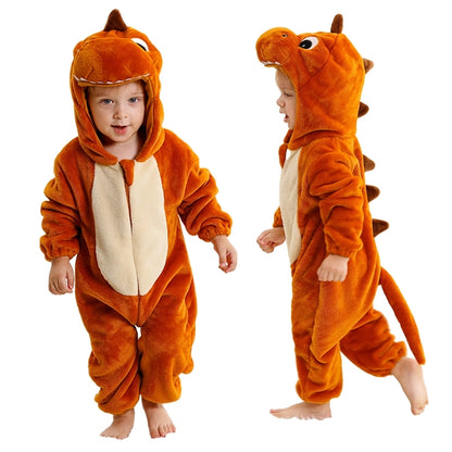 Red Dinosaur Halloween Baby Rompers Winter Hooded Flannel Jumpsuit Costume
