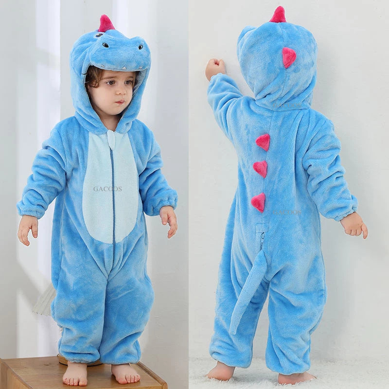 Light Blue Dinosaur Halloween Baby Rompers Hooded Flannel Jumpsuit Costume