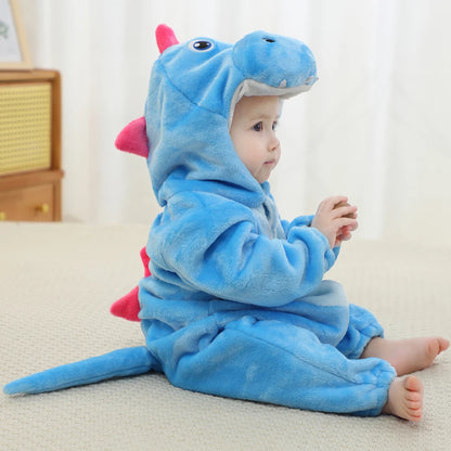 Light Blue Dinosaur Halloween Baby Rompers Hooded Flannel Jumpsuit Costume