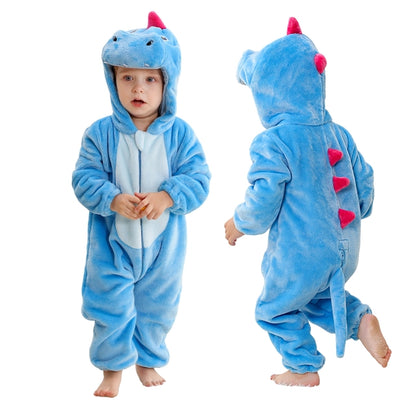 Light Blue Dinosaur Halloween Baby Rompers Hooded Flannel Jumpsuit Costume