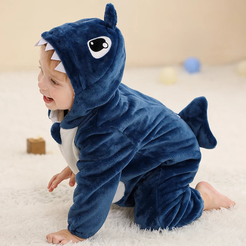 Shark Halloween Baby Rompers Winter Hooded Flannel Jumpsuit Costume
