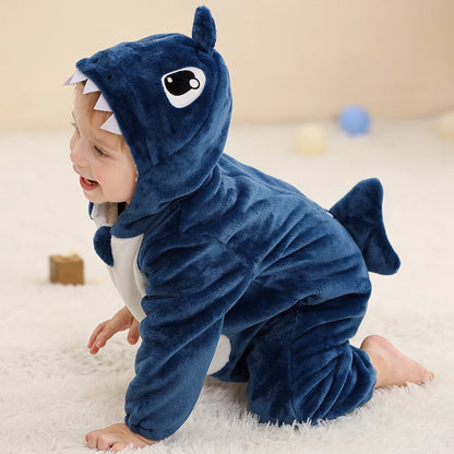 Shark Halloween Baby Rompers Winter Hooded Flannel Jumpsuit Costume