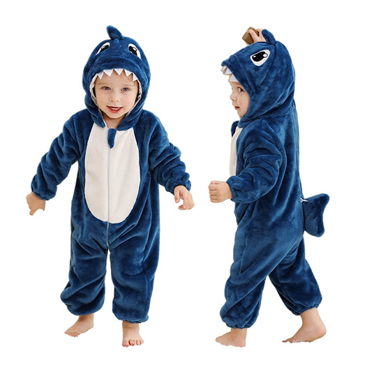 Shark Halloween Baby Rompers Winter Hooded Flannel Jumpsuit Costume