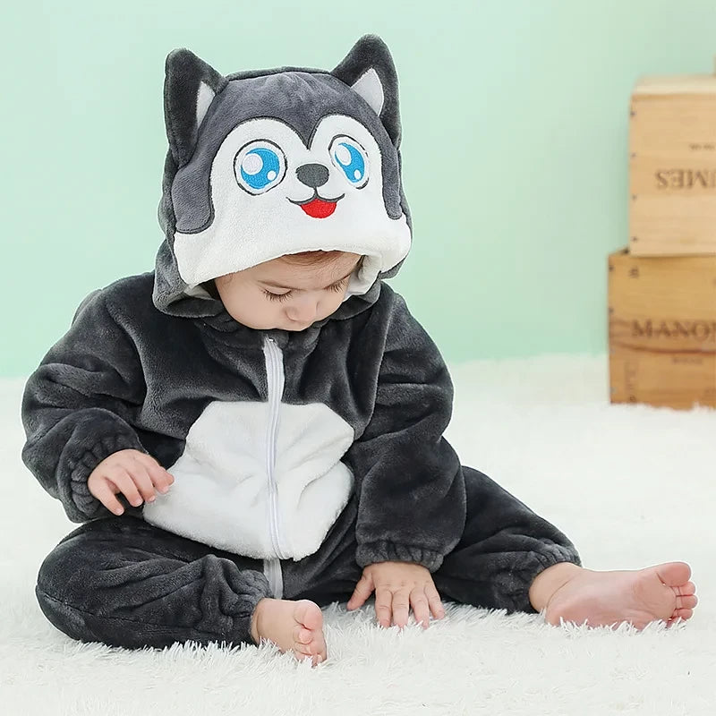 Husky Dog Halloween Baby Rompers Winter Hooded Flannel Costume