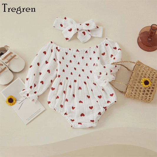 Valentine's Day Heart Print Baby Romper with Headband