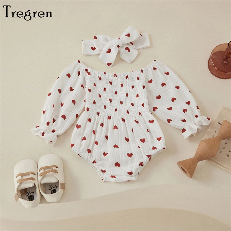Valentine's Day Heart Print Baby Romper with Headband
